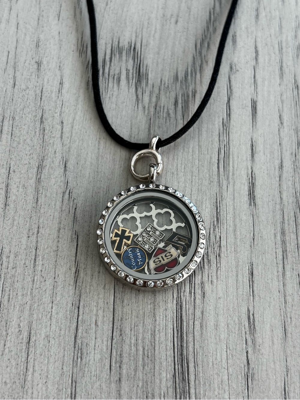 Vintage Silver-Tone Rhinestone Floating Locket Necklace with Black Cord